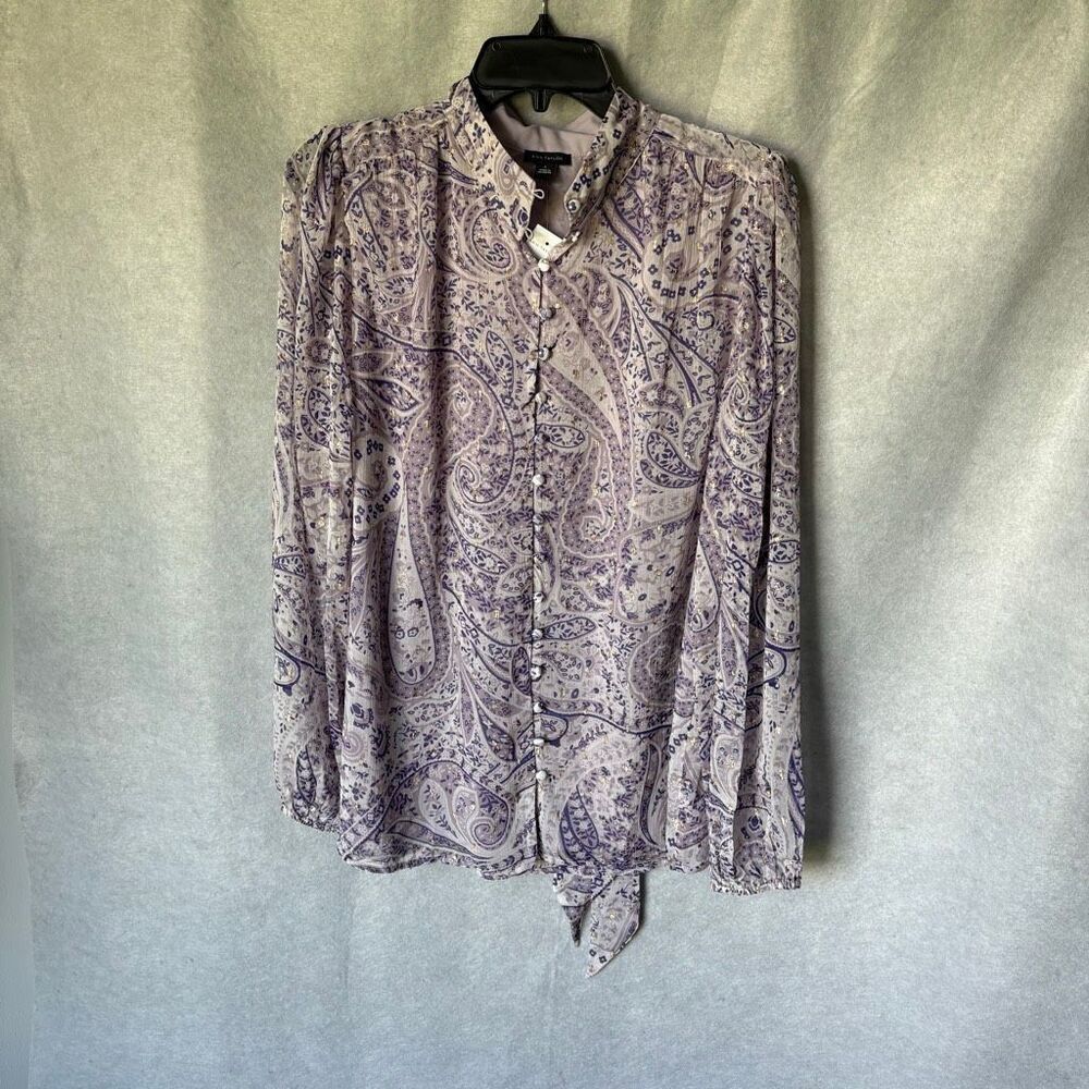 NEW Ann Taylor Purple Paisley Metallic Gold Button Down Tie Blouse Size L Boho - Picture 2 of 7